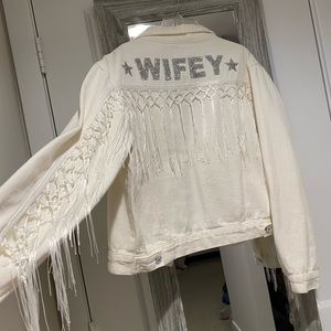 “WIFEY” bridal white fringe jean jacket